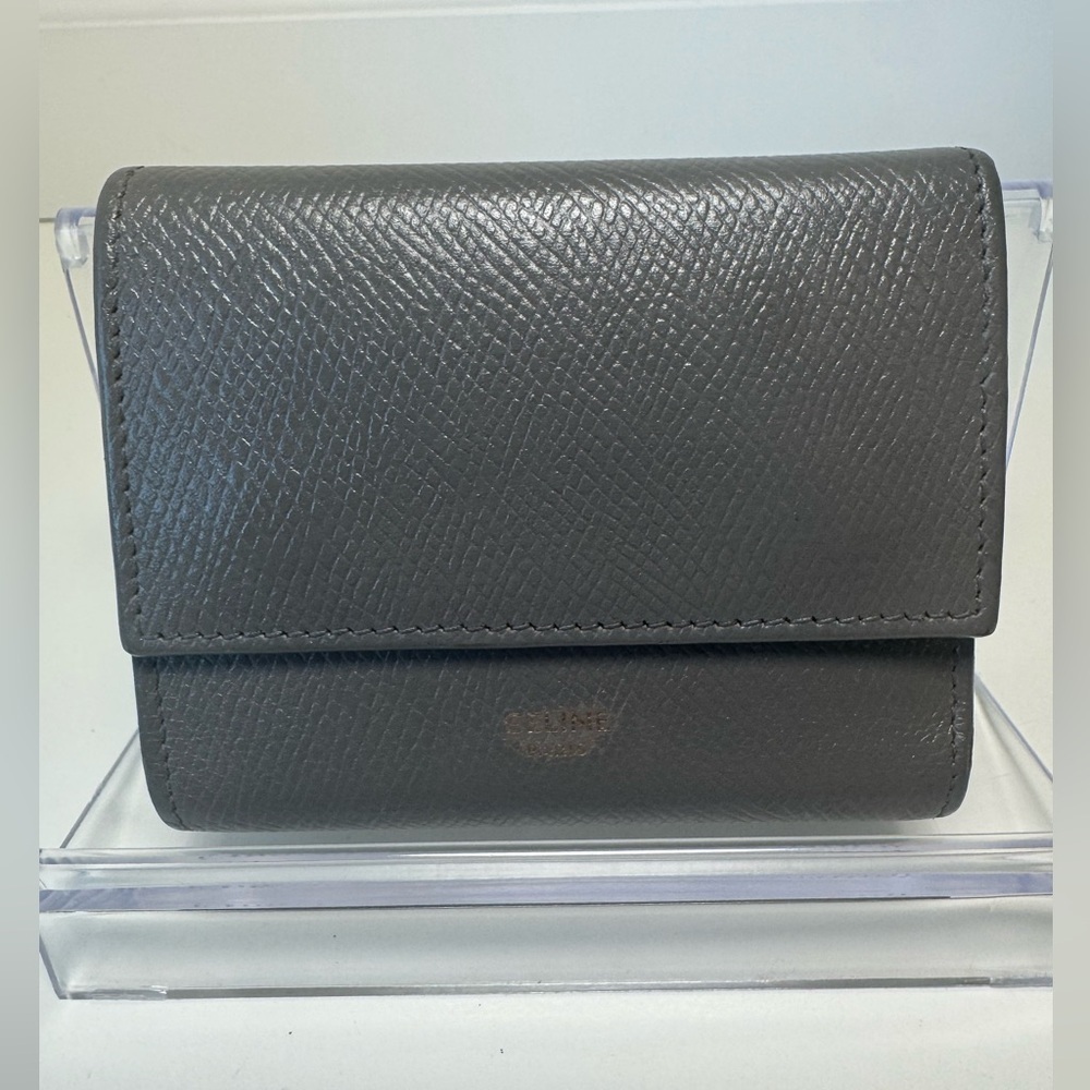 Celine Compact x mm Tri Fold Gray Leather Textured Wallet